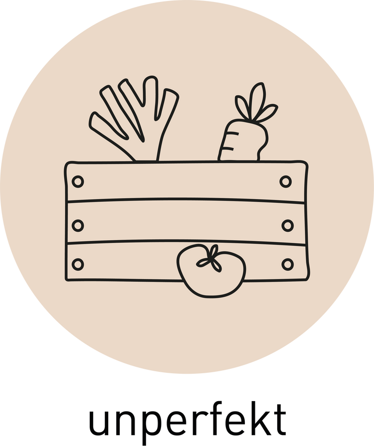 Symbolische Darstellung einer Gemüsekiste. Umrisse einer krumm geformten Tomate, Karotte und Lauch. Symbolisiert Unperfektheit. Unperfekt ist ein Teil des Werteversprechens von antonius.