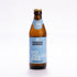 Eine Flasche vom hauseigenen alkoholfreien Bio-Bier Frauenberger Frohnatur. Eine braune Glasflasche, verschlossen mit einem goldenen Kronkorken, mit der Füllmenge 0,33l und einem blauen Etikett. Darauf am Flaschenhals die Aufschrift Fuldaer Spezialitäten. Unten Frauenberger Frohnatur - Bio Helles Bier Alkoholfrei.