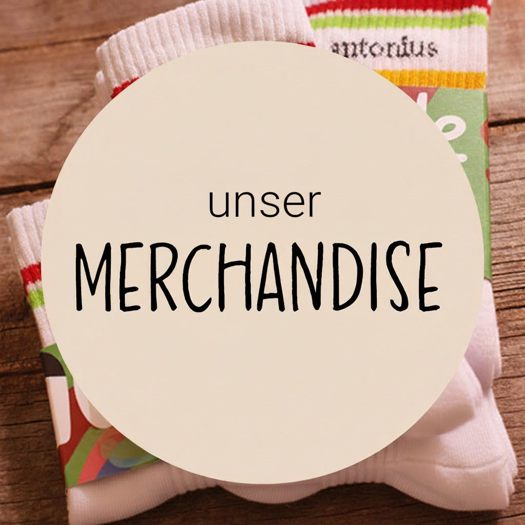ein Bild von Socken darauf ein beiger Kreis auf dem geschrieben steht: unser Merchandise