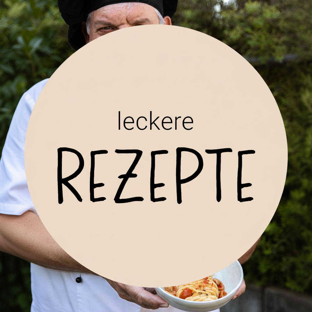 ein Koch mit einer Schüssel Nudeln im Hintergrund und ein großer beiger Kreis auf dem steht: leckere Rezepte